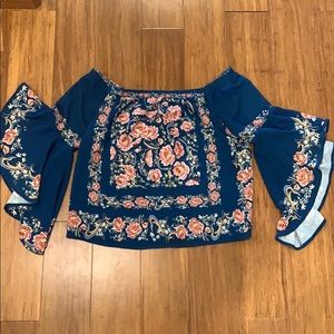 Blue Rain Floral off the shoulder bell sleeve top